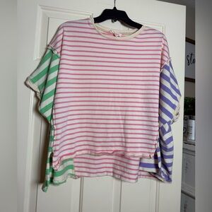 Peach Love California Women’s Pink Purple and Green Striped Oversized Top